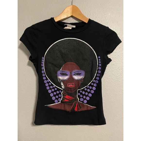 Vintage Juniors Crop Baby Tee Small Black Female Afro Graphic Cyber Grunge 90s - Picture 1 of 6